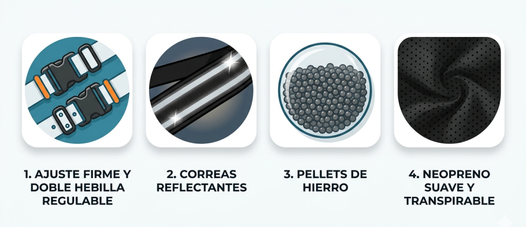 cuatro ventajas clave. Ajuste y doble hebilla. Correas reflectantes. Pellets de hierro. Neopreno suave.